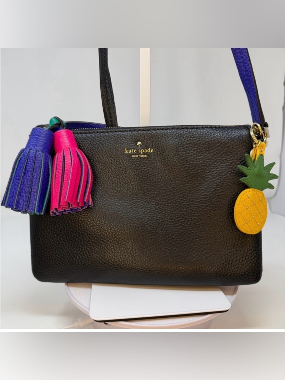 Kate Spade Reservoir Road Carolyn Bag Tassels Bicolor strap and Pineapple Charm